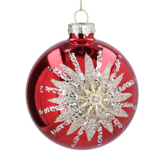 INDENT - Pack 12, Glass Ball Shiny Red, Gold Star Burst 8cm